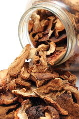 Dried mushrooms pouring out of glass jar. White background