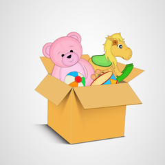 Colorful toys in a brown box for kids.