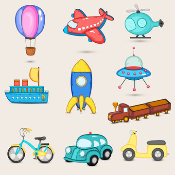 Set of nine transport toys for little kids.