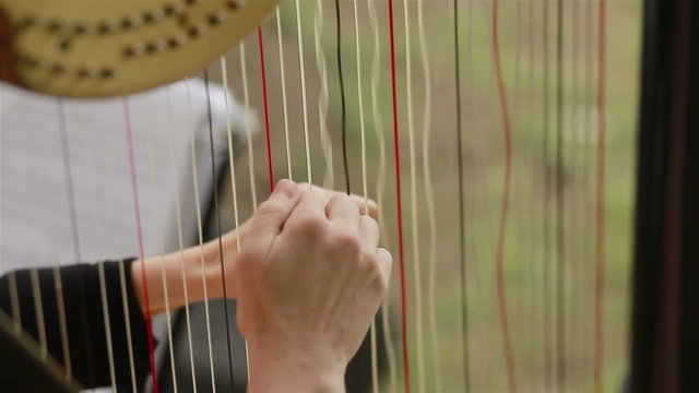 Hands of harpist playing harp. Close-up
