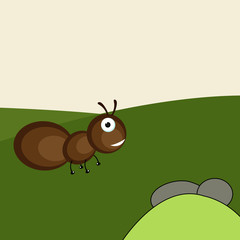 Funny cartoon of an ant on nature background.