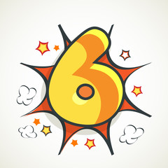 Yellow numeric 6 for Cricket shot on pop art explosion .