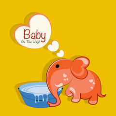 Baby shower concept with cartoon elephant and water tub.