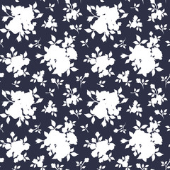 Seamless white floral pattern on dark blue. Vector illustration.
