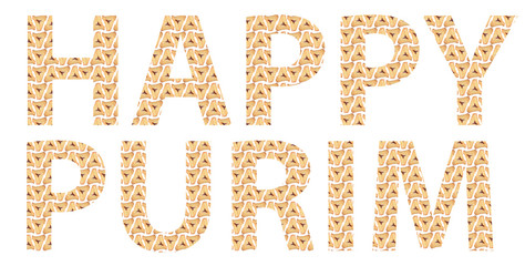 Happy Purim written in English with Hamantaschen letters
