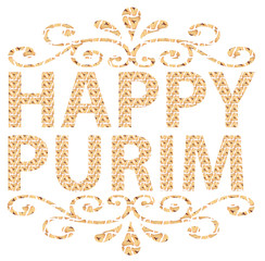 Happy Purim written in English with Hamantaschen letters