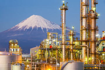 Japan oil refinery plant  with mountain Fuji in background