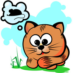 little kitty thinks about the mouse is sitting on the grass smil