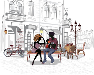 Naklejka na ściany i meble Romantic couple with a guitar sitting on the bench