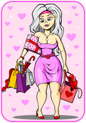 young blond woman shopaholic with shopping bags in a pink dress,
