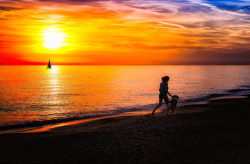 Fototapeta premium Girl with dog on the beach