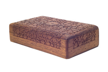 Wooden carved casket isolated over white background