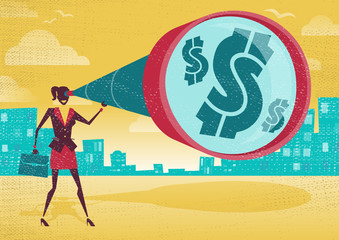 Businesswoman looks through her Telescope to find the Dollar.