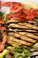 King prawns with swordfish grilled