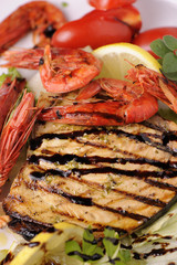 King prawns with swordfish grilled