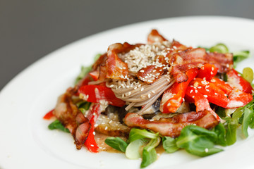 warm salad with noodle and bacon