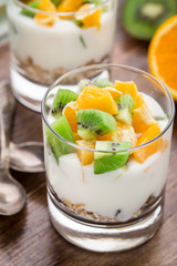 Yogurt with muesli and fruits