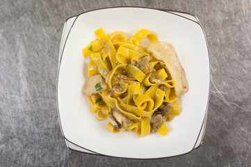 Fettuccine with mushroom, top view