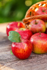 Ripe apples on wooden table, on nature background