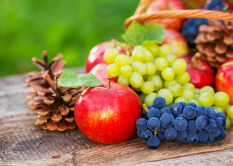 Autumn nature concept. Fall fruit and vegetables on wood.