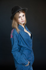 portrait of a beautiful young model in denim jacket