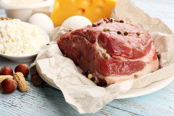 Food high in protein on table, close-up