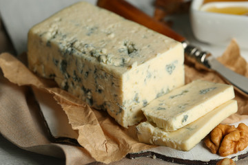 Still life with tasty blue cheese, close up