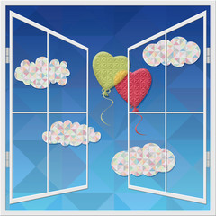 The view from the open window. Sky, clouds, balloons