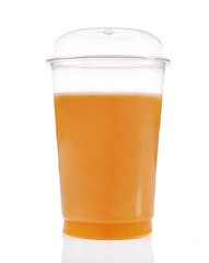 Orange juice in fast food closed cup isolated on white