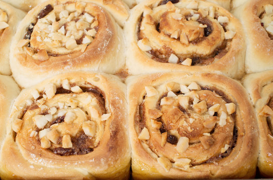Homemade sticky cinnamon buns closeups