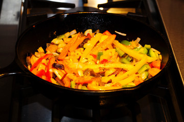 Black Iron Skillet Pan Cooking Fajita Vegetables