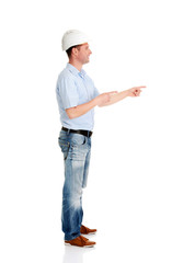 Happy worker presenting copy space.