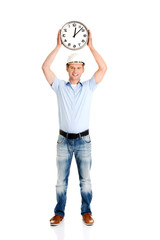 Businessman wearing helmet with clock