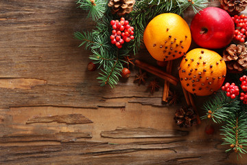 Fruits with nuts, spices and sprigs of Christmas tree - Powered by Adobe
