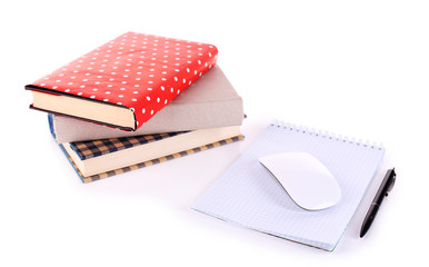 Pile of books and computer mouse isolated on white