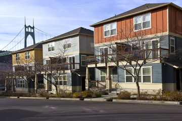 Row of new duplexes homes in St John Oregon.