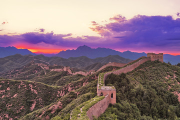 skyline and great wall during sunrise 