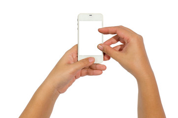 Hand holding smart phone isolated on white background