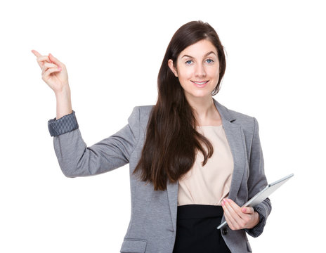 Businesswoman hold tablte and finger point up