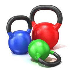 Naklejka na ściany i meble Red, green and blue kettle bells weights isolated on a white