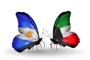 Two butterflies with flags Argentina and Kuwait