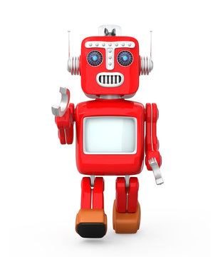 Cute red vintage robot walking and raise right hand