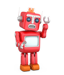 Red vintage robot raising left hand looks sorrowly