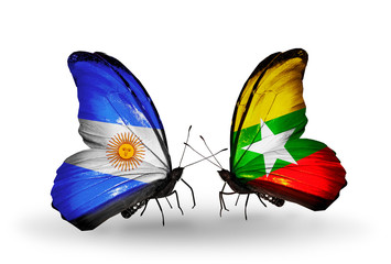 Two butterflies with flags Argentina and Myanmar
