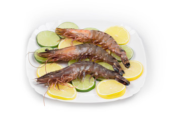 Raw shrimps on plate.