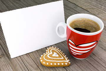 Valentine's greeting card and red coffee cup