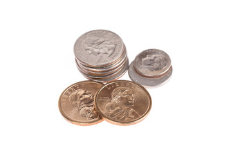 Pile of US coins isolated on white background