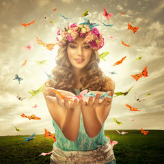 Beautiful woman surrounds many butterfly