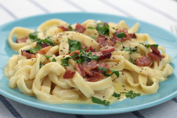 Fresh and beautiful fettuccine carbonara on blue plate.