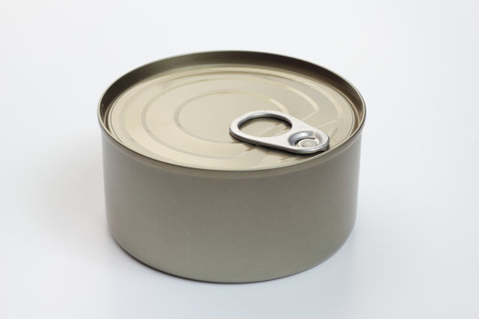 One grey metal can on white background.